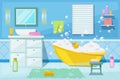 Baby shower and bath room interior, vector cartoon illustration. Bathroom furniture, hygiene goods and design elements
