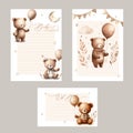 Baby Shower Bingo and Predictions Template. Hand lettering, cute bear and baby equipment.