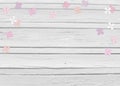 Baby shower, birthday day or wedding mockup scene with white wooden background, floral paper lilac or hydrangea confetti