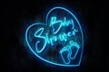 Baby Shower Bllue Neon Sign on a Dark Heart decorated Wooden Wall 3D illustration