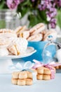 Baby shower in blue and pink with sweets and milkshakes Royalty Free Stock Photo