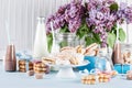 Baby shower in blue and pink with sweets and milkshakes Royalty Free Stock Photo