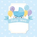Baby shower, blue pram balloons ribbon decoration card