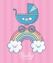 Baby shower blue pram rainbow clouds stripes background