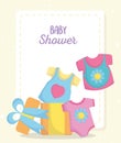 Baby shower, bodysuits clothes in gift box, announce newborn welcome card