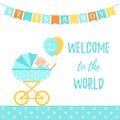 Baby Shower boy card. Vector illustration. Blue banner with pram Royalty Free Stock Photo