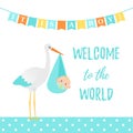 Baby Shower boy card. Vector illustration. Blue banner with stork. Royalty Free Stock Photo