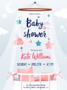 Baby shower boy and girl, invitation card with decorations and place for text. Greeting cards. Flat style. Vector Royalty Free Stock Photo