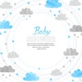 Baby Shower boy invitation card design with watercolor clouds. Royalty Free Stock Photo
