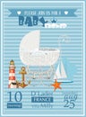 Baby shower boy invitation template vector illustration with vintage pram