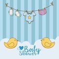 Baby shower card with accessories hanging Royalty Free Stock Photo
