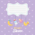 Baby shower card with accessories hanging Royalty Free Stock Photo