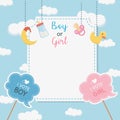 Baby shower card with accessories hanging Royalty Free Stock Photo