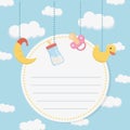 Baby shower card with accessories hanging Royalty Free Stock Photo