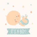 Baby shower card for baby boy. Cute baby lying down. Toddler boy lying on back.