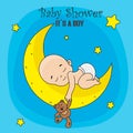 Baby boy sleeping on the moon with teddy bear Royalty Free Stock Photo