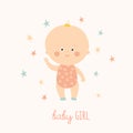 Baby shower card for baby girl. Cute baby girl standing. Blond toddler girl. Cartoon vector hand drawn eps 10