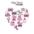 Baby girl icons. Accessories, clothes and toys