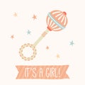 Baby shower card for baby girl, with rattle.Vector eps10 , illustration.