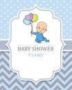 Baby shower card. Boy sitting with balloons in hand Royalty Free Stock Photo