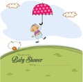 Baby shower card with a boy who lands on a meadow