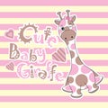 Baby shower card with cute baby giraffe on stripes background Royalty Free Stock Photo