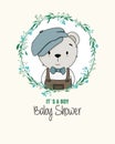 Baby shower card. Cute bear inside flower frame.