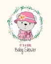 Baby shower card. Cute bear inside flower frame.