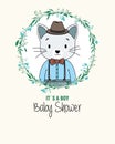 Baby shower card. Cute cat inside flower frame.