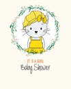 Baby shower card. Cute cat inside flower frame.