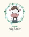 Baby shower card. Cute cow inside flower frame. Royalty Free Stock Photo