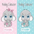 Baby shower card. Cute elephant girl and boy Royalty Free Stock Photo