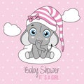Baby shower card. Cute elephant sitting on a cloud Royalty Free Stock Photo