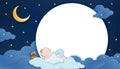 Baby shower card,Cute little boy and teddy bear sleeping on fluffy cloud with crescent moon and dark blue sky at night background Royalty Free Stock Photo