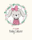 Baby shower card. Cute rabbit inside flower frame.