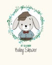 Baby shower card. Cute rabbit inside flower frame.