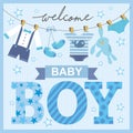 Baby boy shower card with hanging decorations and elements Royalty Free Stock Photo