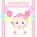 Baby Shower Card, Baby Girl And Toy. Greeting Card Paper Art Style