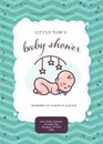 Baby shower card / invitation / poster design template with cute baby boy infant in bow tie, rattle toy, pattern isolated. Royalty Free Stock Photo