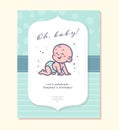Baby shower card / invitation / poster design template with cute baby boy infant crawling on blue pattern isolated. Royalty Free Stock Photo