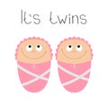 Baby shower card. Its twins girl. Cute cartoon character. Funny head looking up.