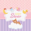 Baby shower card with little bear teddy and accessories set Royalty Free Stock Photo