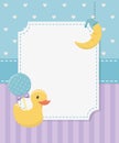 Baby shower card with rubber duck and accessories Royalty Free Stock Photo