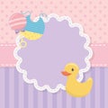 Baby shower card with rubber duck and accessories Royalty Free Stock Photo