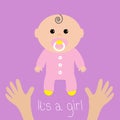 Baby shower card. It`s a girl. Two human hands. Mother care. Flat design style.