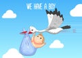 Baby shower card. Stork carrying a cute baby in a bag. We have two boys.