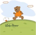 Baby shower card with teddy bear chasing rushed to event