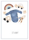 Baby shower card template, design for boys, arrangement of wooden toys and objects Royalty Free Stock Photo