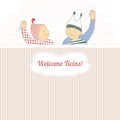 Baby shower card with twins little boy and girl, Royalty Free Stock Photo