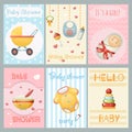 Baby shower cards boy girl birthday celebrate invitation set vector illustration Royalty Free Stock Photo